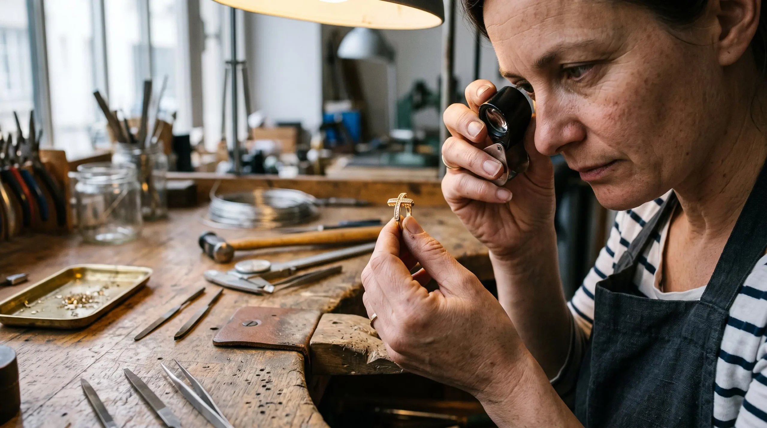 Bijoutier français inspectant à la loupe une bague croix en plaqué or sur son établi d'atelier