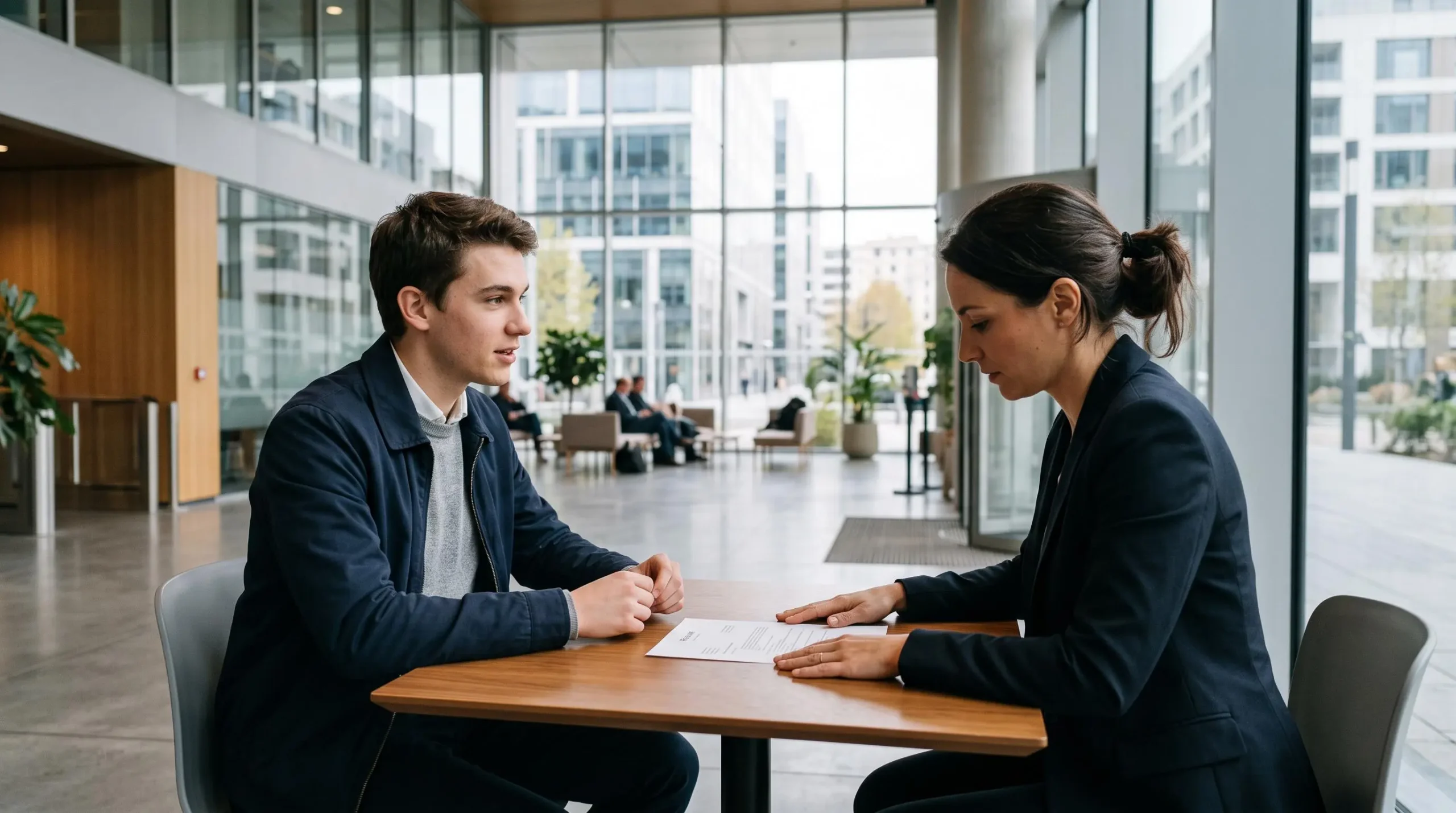 Un jeune candidat échange avec une recruteuse autour d'une table dans le hall lumineux d'une entreprise lyonnaise.