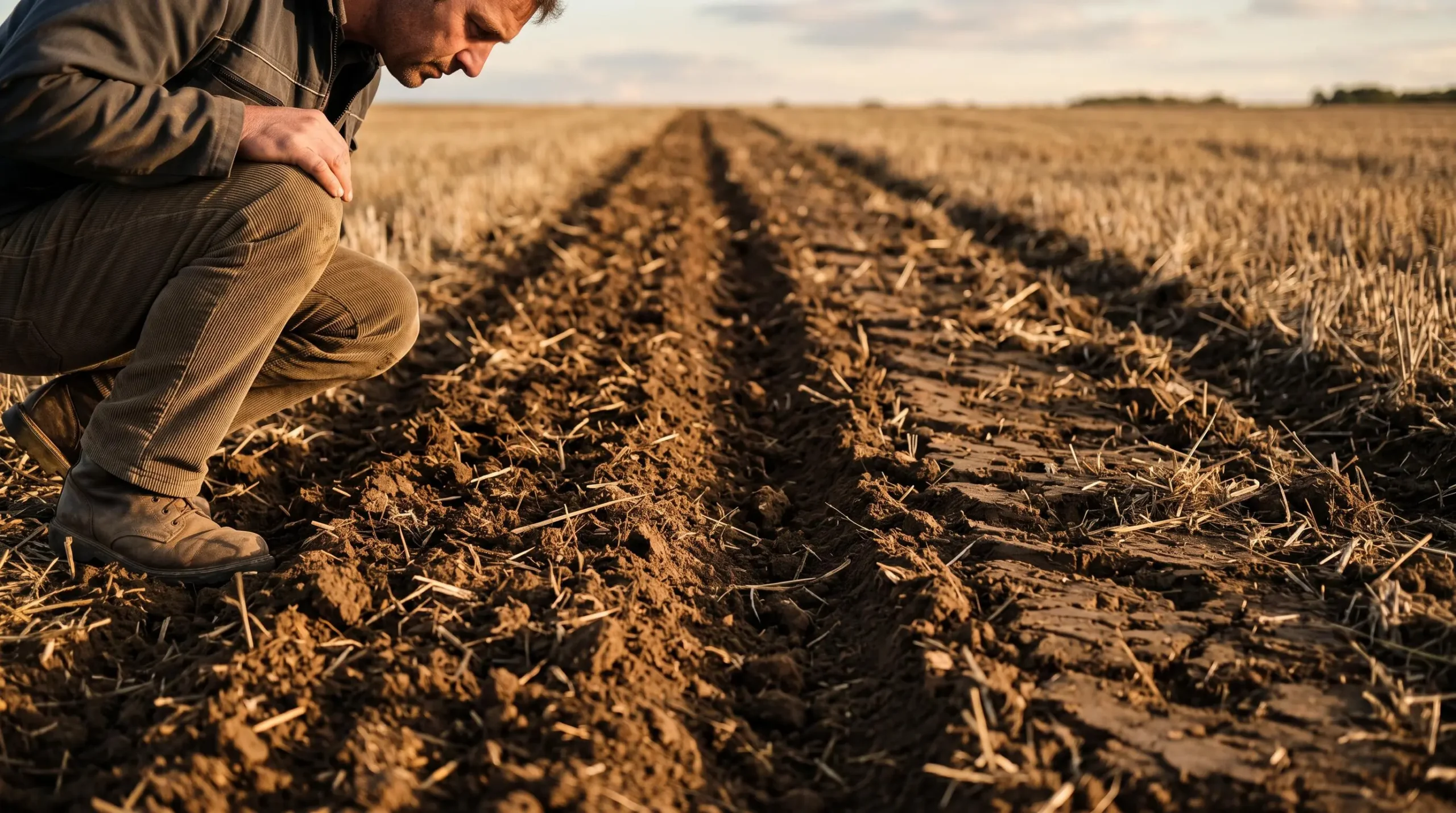 Gros plan au ras du sol sur deux bandes de terre travaillée côte à côte, un agriculteur accroupi examine la texture du sol et les résidus incorporés.