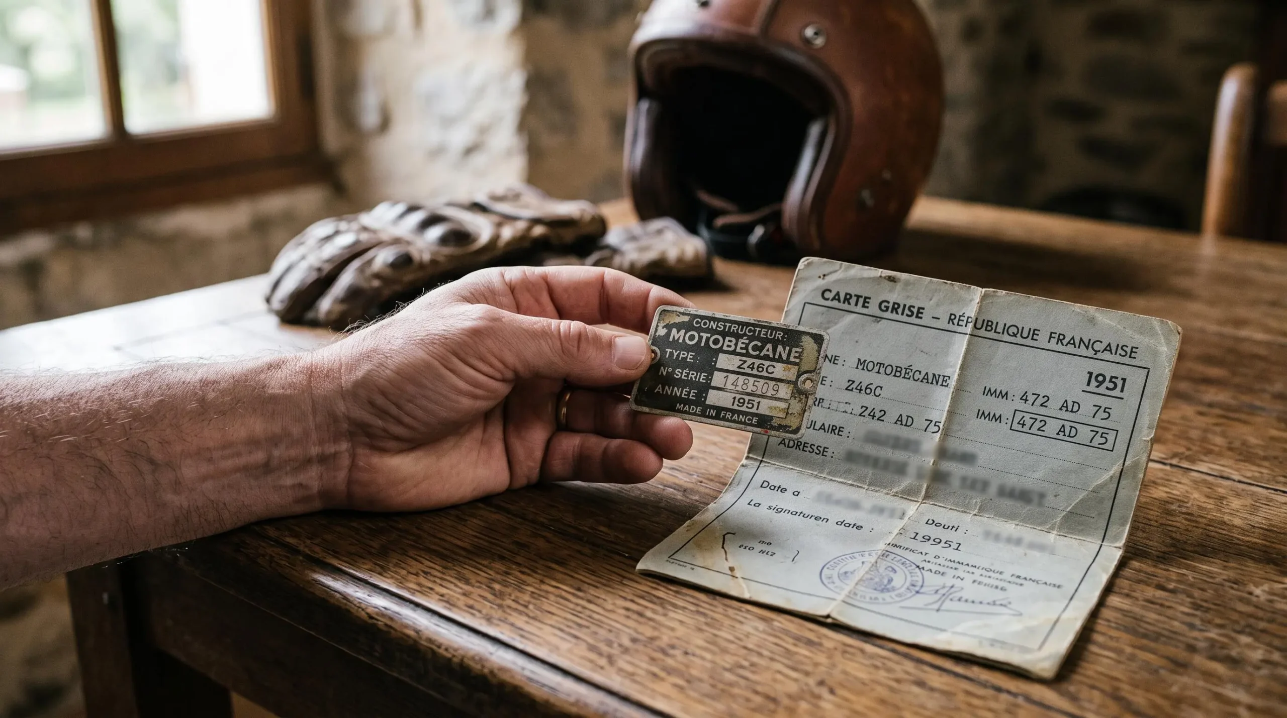 Un homme compare la plaque constructeur d'une moto ancienne à sa carte grise posée sur une table.