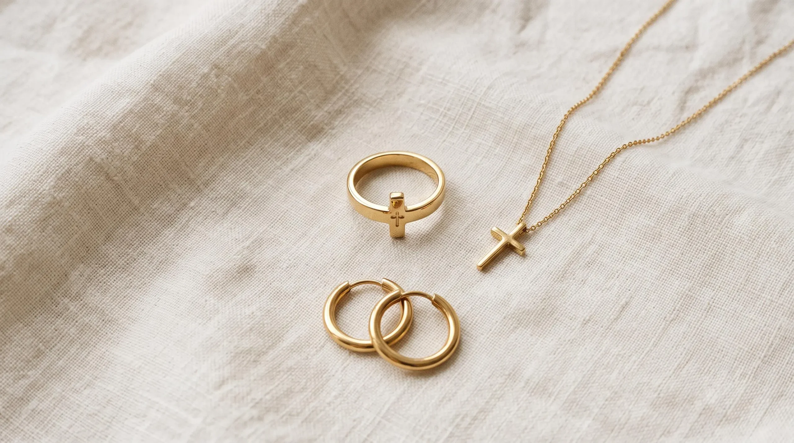 Composition flat lay de bijoux symboliques coordonnés en plaqué or incluant bague croix, collier et boucles d'oreilles sur fond lin