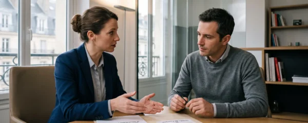 Conseiller en gestion de patrimoine discutant avec un client d'une stratégie d'allocation d'assurance-vie dans un bureau moderne