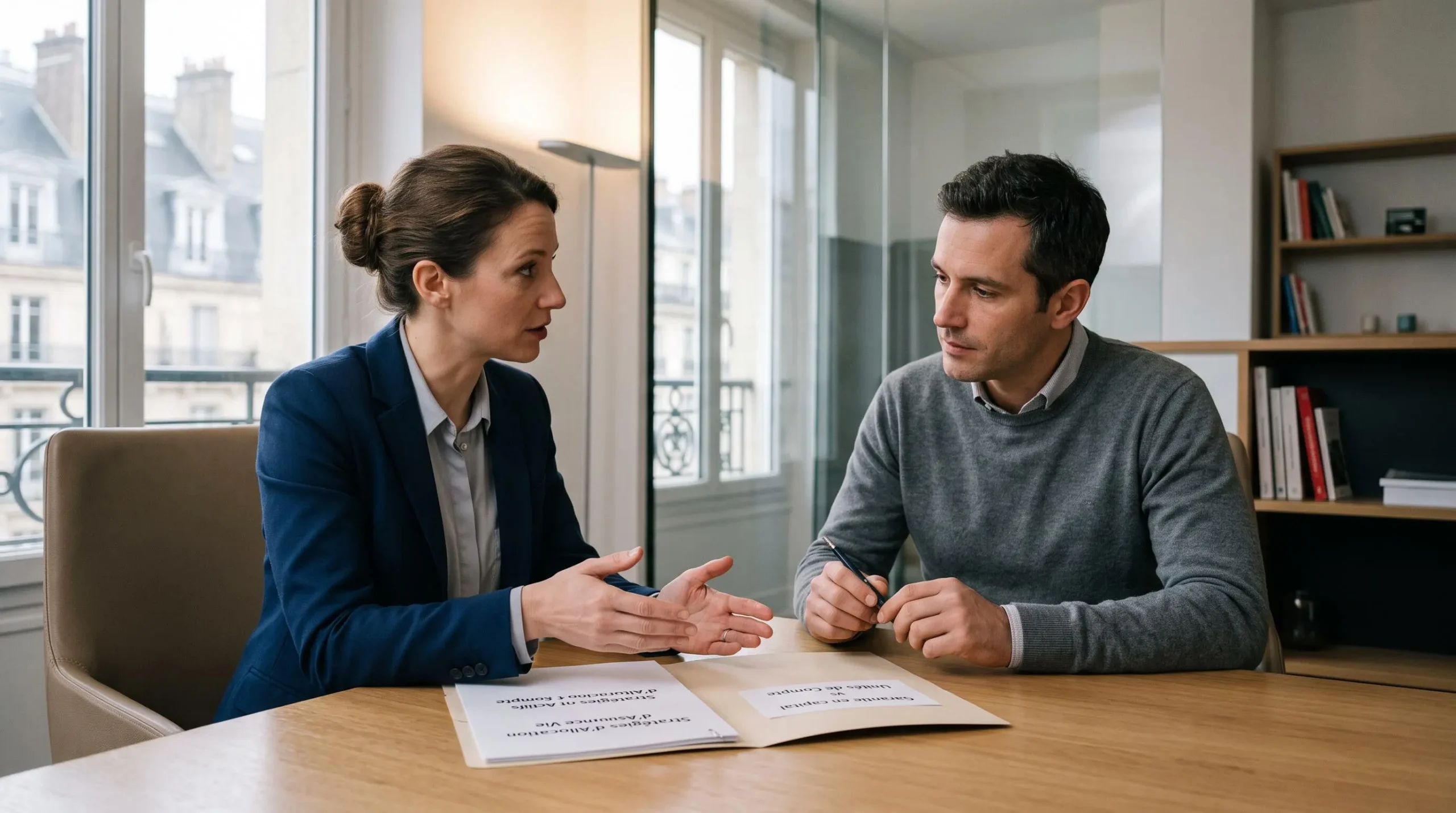 Conseiller en gestion de patrimoine discutant avec un client d'une stratégie d'allocation d'assurance-vie dans un bureau moderne
