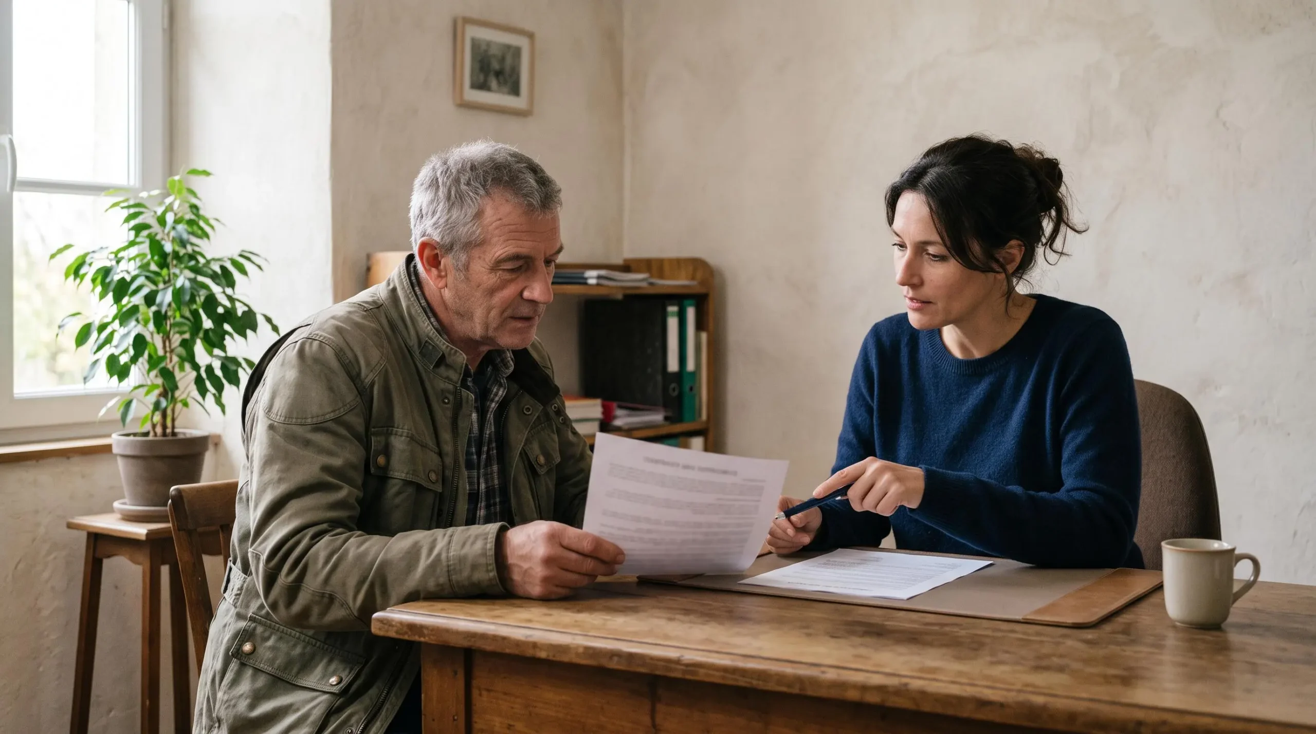 Une conseillère explique une clause d'un contrat d'assurance moto à son client assis en face d'elle au bureau.