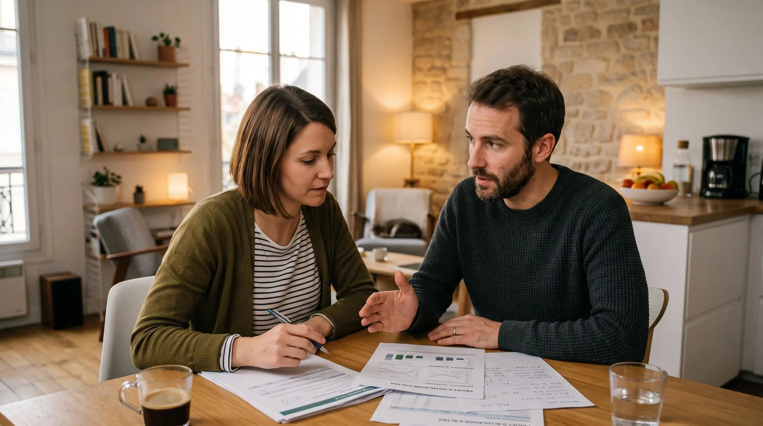 Couple discutant ensemble de leur stratégie patrimoniale et allocation d'assurance-vie à leur domicile
