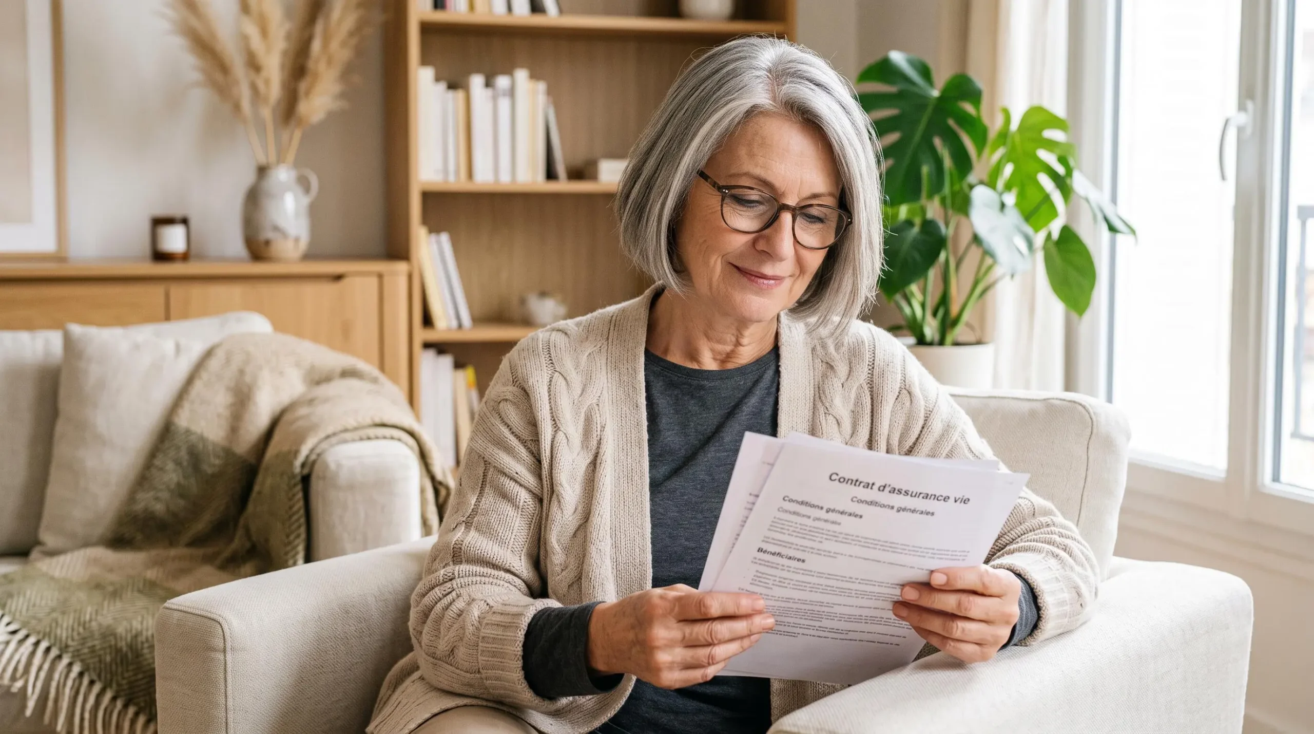 Femme senior assise dans son salon consultant sereinement des documents de son contrat d'assurance-vie