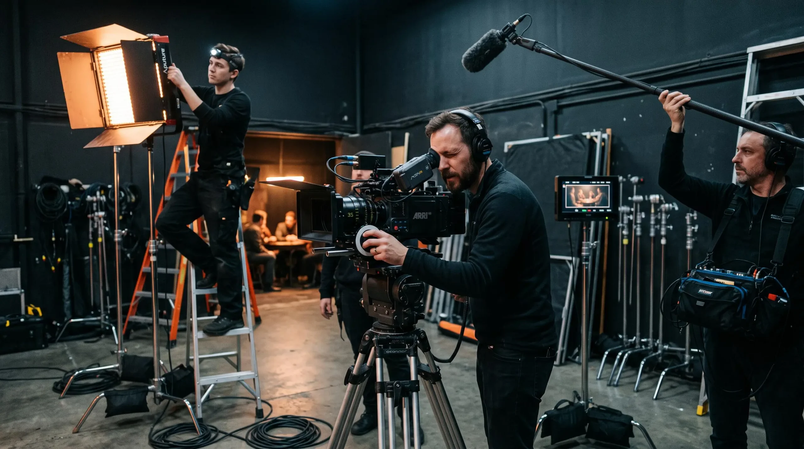 Une équipe de tournage travaille sur un plateau professionnel : cadreur derrière une caméra cinéma, technicien réglant un panneau LED et preneur son à la perche.