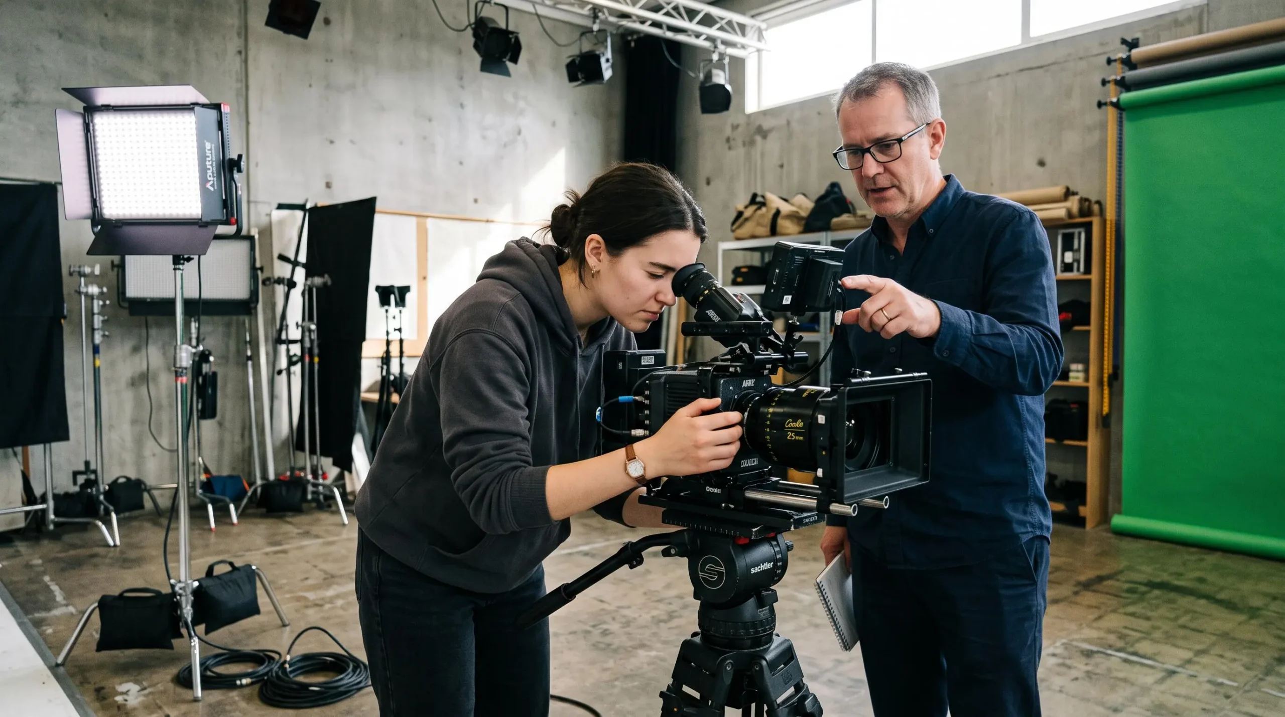 Une étudiante manipule une caméra de cinéma sur trépied dans un studio de formation pendant qu'un formateur lui donne des conseils.