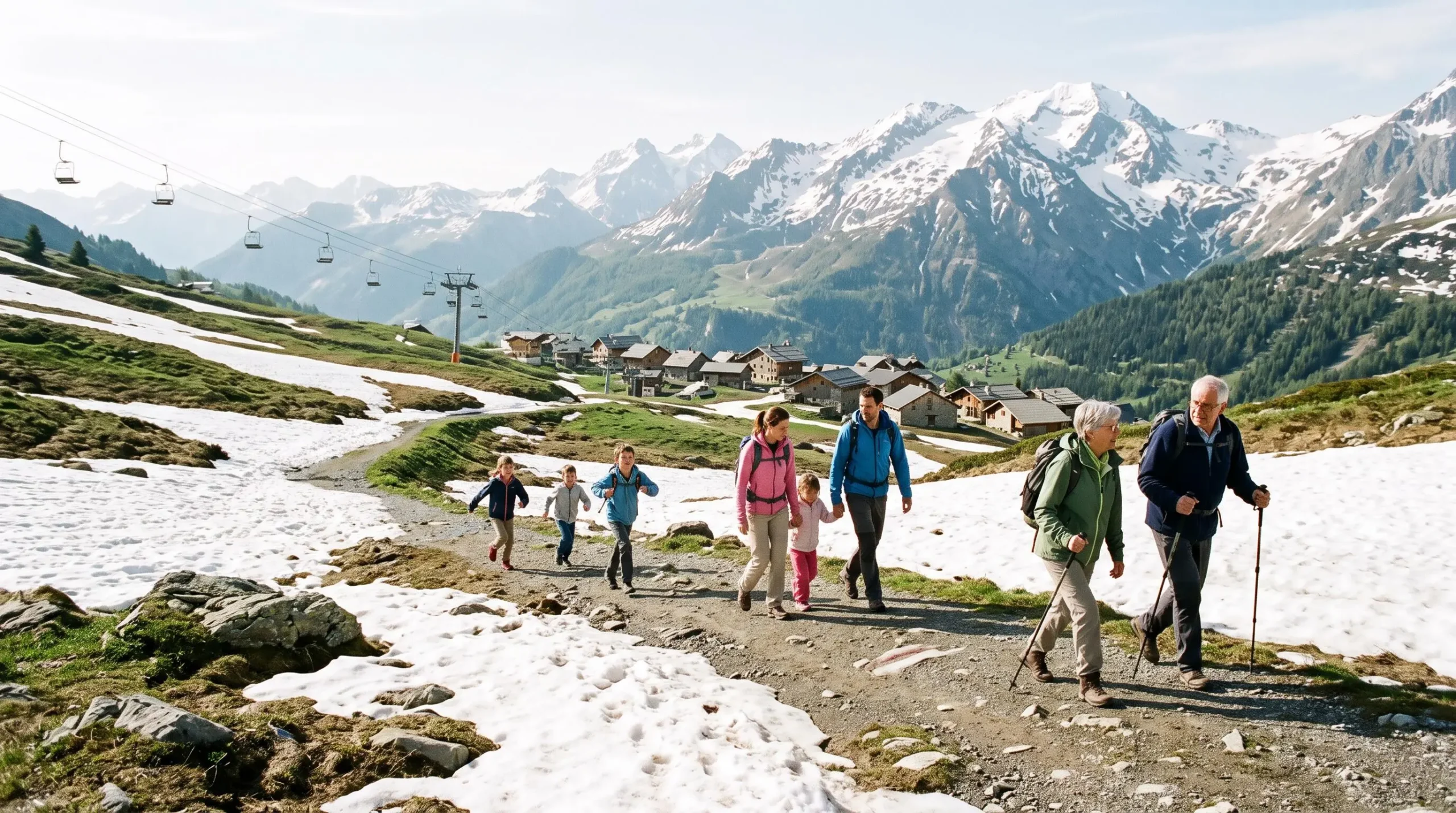 Une famille de plusieurs générations marche sur un sentier encore enneigé près du village de Saint-Sorlin-d'Arves, avec les remontées mécaniques en arrière-plan.