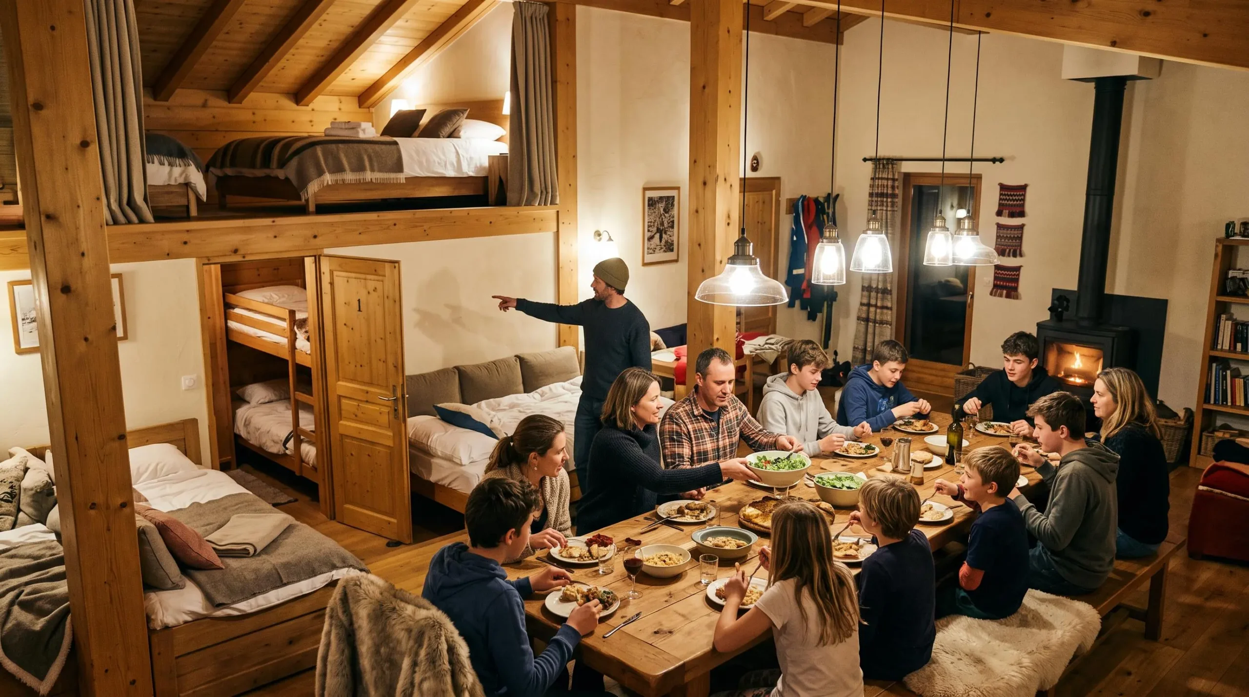 Douze personnes partagent le dîner autour de la grande table en bois d'un chalet, avec un lit superposé et un canapé-lit visibles en arrière-plan.