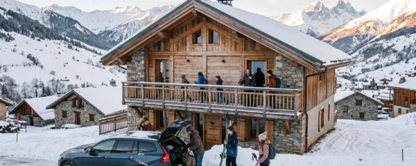 Un groupe familial d'une dizaine de personnes arrive devant un grand chalet en bois et pierre à Saint-Sorlin-d'Arves, dans les Alpes.