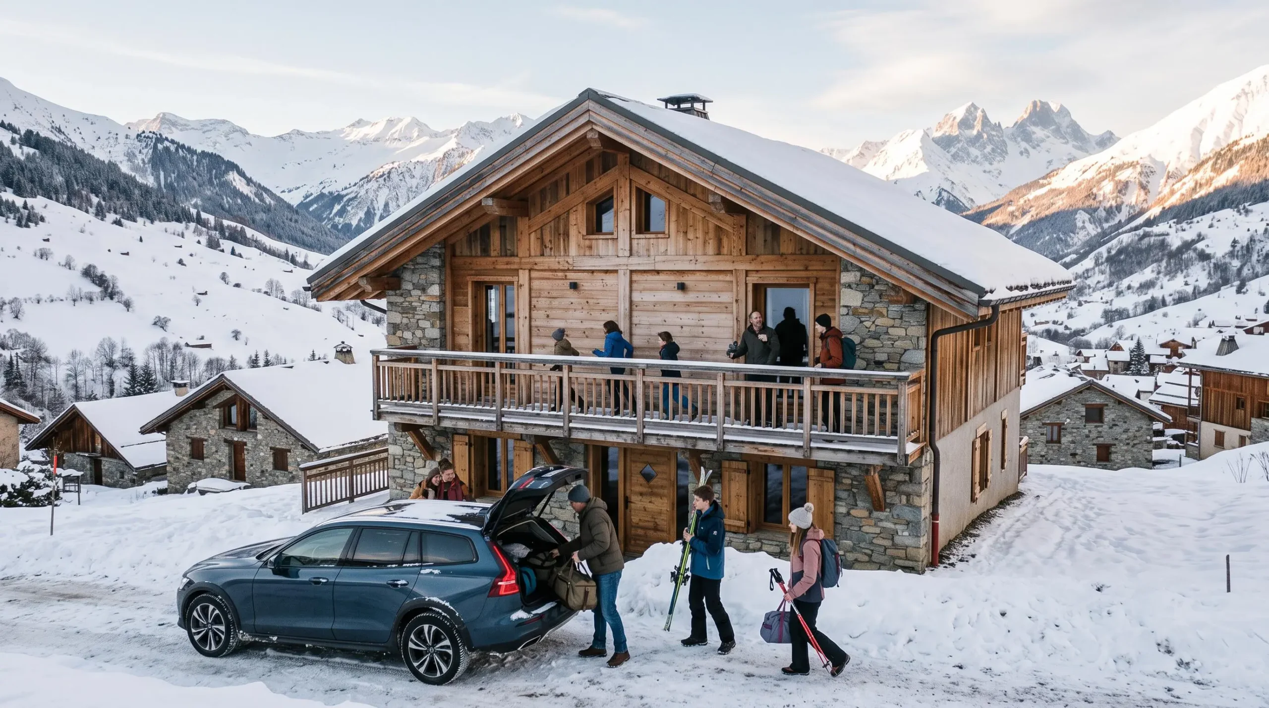 Un groupe familial d'une dizaine de personnes arrive devant un grand chalet en bois et pierre à Saint-Sorlin-d'Arves, dans les Alpes.