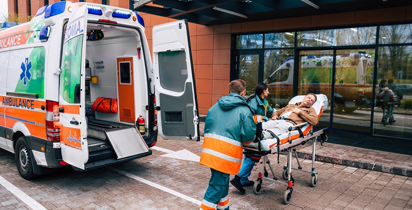 Équipe paramédicale transférant un patient sur brancard vers un véhicule de transport médical sur le tarmac d'un aéroport