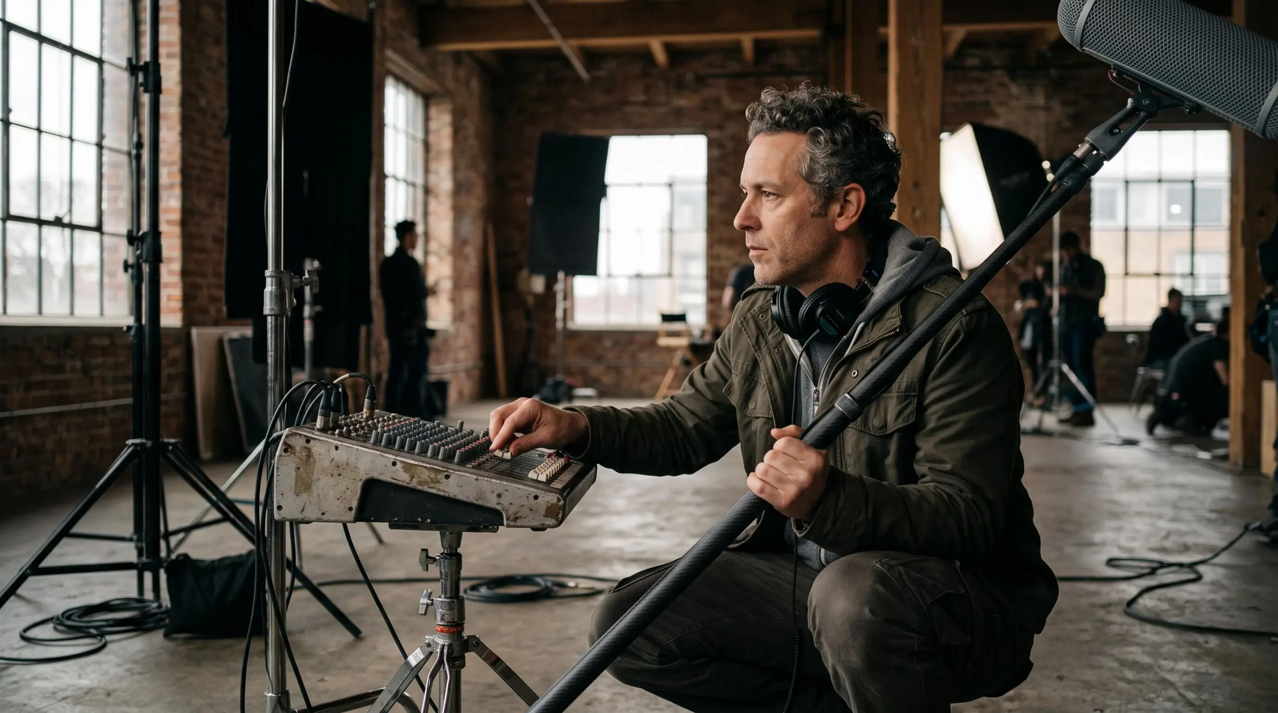 Un ingénieur du son crouche près d'une console de mixage de terrain et tient une perche avec micro pendant un tournage en intérieur.