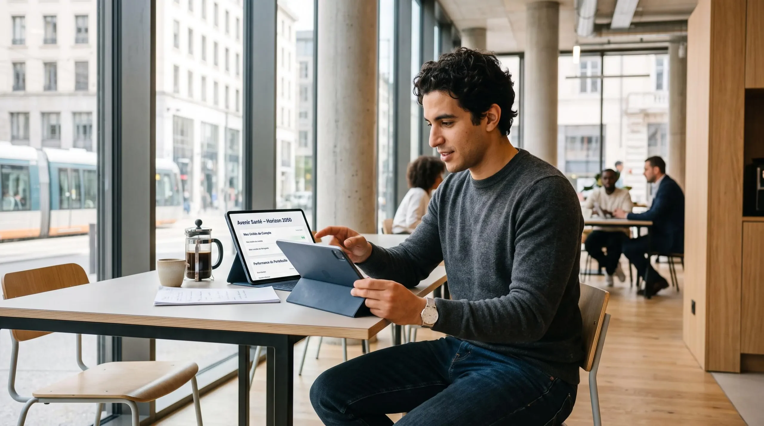 Jeune homme consultant activement son contrat d'assurance-vie sur tablette dans un espace de travail moderne