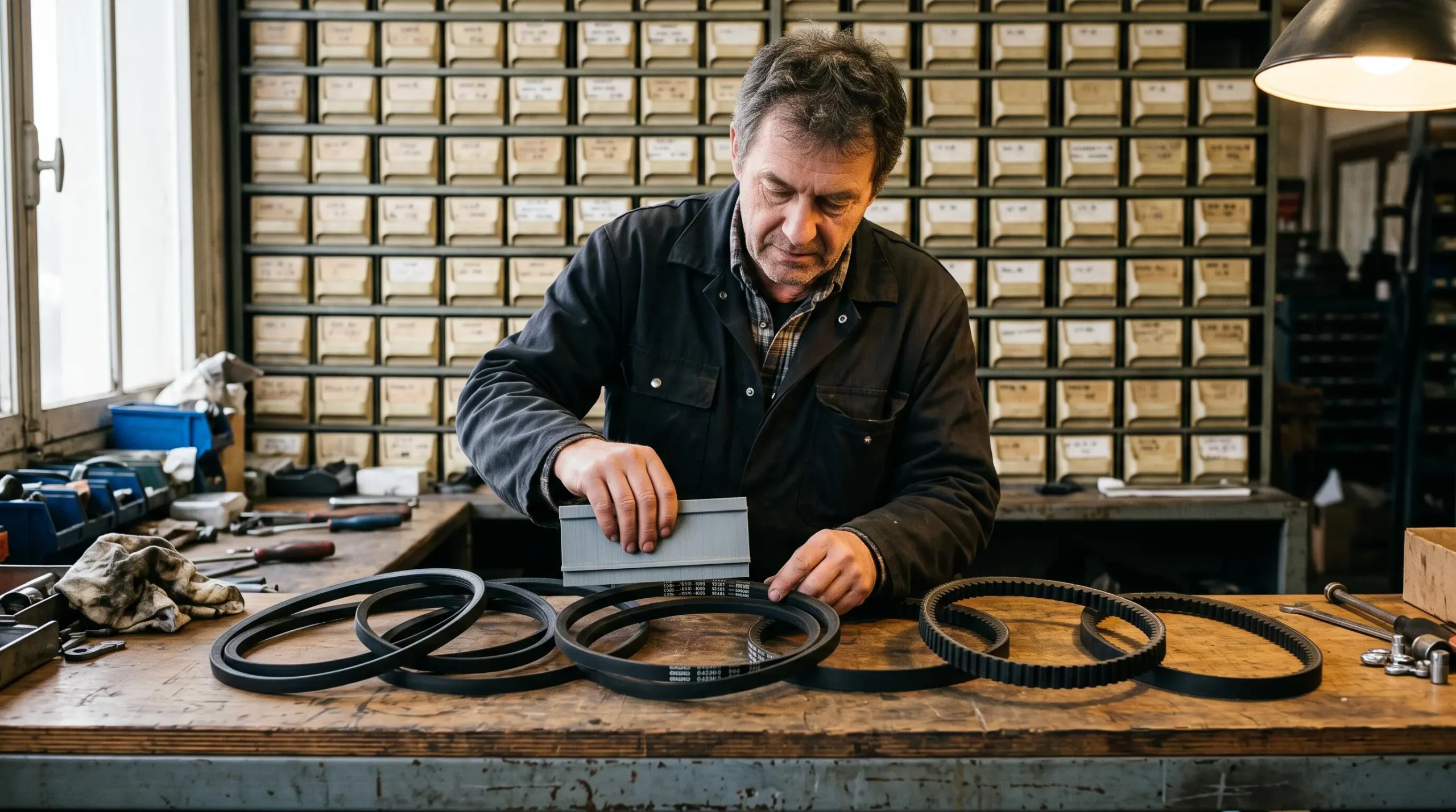 Un magasinier identifie le profil d'une courroie trapézoïdale posée sur un établi à côté d'autres courroies crantées et lisses, dans un atelier.