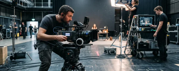 Une équipe de tournage travaille sur un plateau : un cadreur manipule une caméra de cinéma sur trépied pendant qu'un technicien règle un projecteur LED.