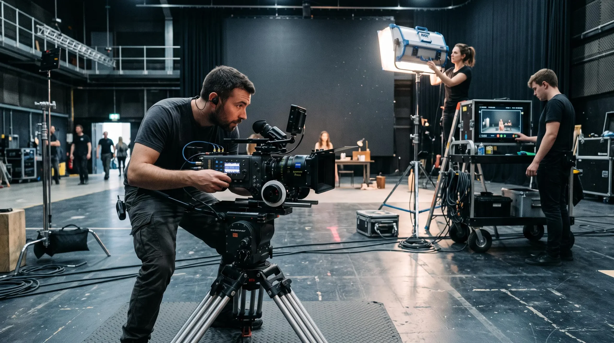 Une équipe de tournage travaille sur un plateau : un cadreur manipule une caméra de cinéma sur trépied pendant qu'un technicien règle un projecteur LED.
