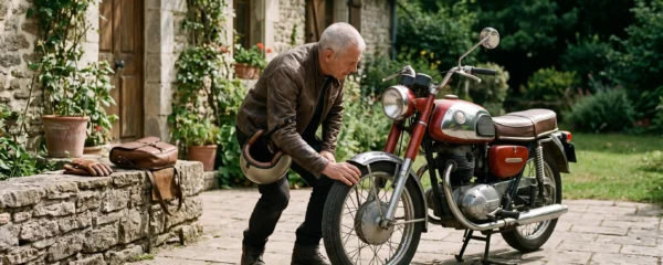 Le propriétaire d'une moto ancienne vérifie la roue avant de son véhicule stationné devant une maison en pierre.