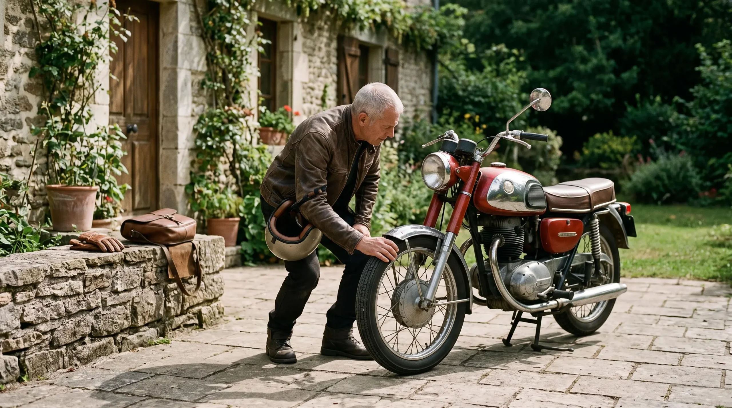 Le propriétaire d'une moto ancienne vérifie la roue avant de son véhicule stationné devant une maison en pierre.