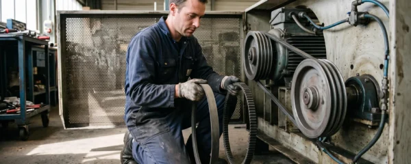 Un technicien compare en atelier une courroie trapézoïdale crantée et une courroie lisse devant la poulie d'une machine industrielle.